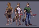  anthro balls belt big_penis blazingifrit boots bottomwear brown_body brown_eyes brown_fur brown_hair canid canine canis clothed clothing coyote denim denim_clothing english_text erection footwear fur genitals hair hybrid jeans knot letterbox male mammal martin_(wsad) model_sheet muscle_tone muscular muscular_male neck_tuft pants penis polo_shirt shirt solo tan_body tan_fur text topwear tuft white_body white_fur wolf 