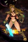  1girl adapted_costume alex_ahad armor bikini_armor blonde_hair breasts cleavage energy_sword gauntlets highres metroid mole mole_under_mouth monster navel ponytail ridley samus_aran shield shoulder_armor solo_focus standing stomach sword toned weapon 