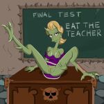  1:1 blonde_hair clothing demon demon_teacher_(the_simpsons) dress english_text female genitals green_body green_horn green_skin hair horn presenting presenting_pussy purple_clothing purple_dress pussy scales solo spread_legs spreading text the_simpsons treehouse_of_horror vishok yellow_pubic_hair 