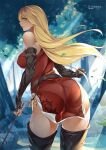 1girl ass blonde_hair boots breasts commission commissioner_upload d._joko fire_emblem fire_emblem:_the_binding_blade from_behind gloves highres igrene_(fire_emblem) long_hair pants pants_under_dress sideboob thigh_boots thighhighs yellow_eyes 
