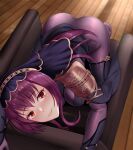  1girl absurdres armor bodysuit breasts chair fate/grand_order fate_(series) highres indoors large_breasts leotard long_hair looking_at_viewer oirin pauldrons purple_bodysuit purple_hair purple_leotard red_eyes scathach_(fate)_(all) scathach_(fate/grand_order) shoulder_armor smile solo 
