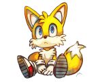  1boy blue_eyes bluekomadori english_commentary fox_boy furry gloves highres male_focus multiple_tails red_footwear simple_background sitting solo sonic_the_hedgehog tail tails_(sonic) traditional_media two_tails white_background white_gloves 
