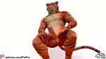  16:9 2021 3d_(artwork) anthro anus biped brown_eyes digital_media_(artwork) felid fur genitals hi_res male mammal muscular muscular_anthro muscular_male nude pantherine penis pxlfur simple_background solo text tiger url watermark widescreen 