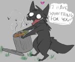  &lt;3 arthropod black_body black_fur canid conditional_dnp dipteran empty_eyes fur hi_res holding_object insect male mammal open_mouth rosco_(shadowdog) simple_background solo speech_bubble standing teeth trash trash_can white_eyes wolftacos 