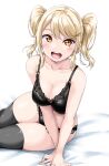  1girl :d absurdres alternate_hairstyle arm_support bangs bare_arms bed_sheet black_bra black_legwear black_panties blonde_hair blush bra breasts cleavage collarbone earrings eyebrows_visible_through_hair hair_ornament highres jewelry lace-trimmed_bra lace-trimmed_panties lace_trim love_live! love_live!_nijigasaki_high_school_idol_club medium_breasts miyashita_ai nail_polish on_bed open_mouth panties sidelocks simple_background sitting sitting_on_bed smile solo star_(symbol) star_earrings thighhighs thighs twintails twintails_day underwear underwear_only upper_teeth white_background x_hair_ornament yellow_eyes yokozuwari yopparai_oni 