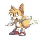  1boy :d blue_eyes bluekomadori english_commentary fox_boy furry gloves looking_to_the_side male_focus multiple_tails open_mouth pointing red_footwear sideways_glance simple_background smile solo sonic_the_hedgehog standing tail tails_(sonic) two_tails white_background white_gloves 