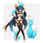 1girl animal bare_shoulders belt black_legwear black_panties blue_hair breasts cleavage cleavage_cutout clothing_cutout dizzy_(guilty_gear) eyebrows_visible_through_hair geegee_(granblue_fantasy) granblue_fantasy guilty_gear guilty_gear_xrd hair_between_eyes hair_ribbon hair_rings highres k3nzoteruta long_hair midriff navel open_mouth panties pigeon-toed red_eyes ribbon simple_background tail tail_ornament tail_ribbon thighhighs twintails underwear white_background wide_sleeves yellow_ribbon 