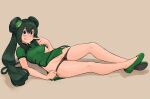  1girl alternate_hairstyle asui_tsuyu bare_legs black_eyes blush boku_no_hero_academia bow_by_hair breasts brown_panties china_dress chinese_clothes commission double_bun dress female_pubic_hair finger_to_cheek fingernails flashing flats frog_girl frog_hair_ornament full_body green_dress green_footwear green_hair hair_ornament lace lace_panties lingerie long_hair long_legs low-tied_long_hair lying medium_breasts nose_blush on_back panties panty_pull pelvic_curtain pelvic_curtain_lift pubic_hair pulled_by_self pussy short_dress side_slit slender_waist solo squeezable_(artist) thighs tongue tongue_out twintails uncensored underwear 