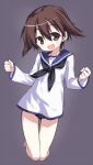  1girl bad_id bad_twitter_id bangs blouse blue_sailor_collar brown_eyes brown_hair clenched_hands eyebrows_visible_through_hair full_body grey_background head_tilt highres kneeling long_sleeves looking_at_viewer miyafuji_yoshika no_pants open_mouth sailor_collar school_uniform short_hair simple_background smile solo strike_witches swimsuit swimsuit_under_clothes take_shinobu w_arms white_blouse world_witches_series 