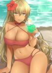 1girl absurdres beach blonde_hair commission commissioner_upload drinking_straw_in_mouth fire_emblem fire_emblem:_the_binding_blade flower fujiwaraminaho hair_flower hair_ornament highres igrene_(fire_emblem) long_hair swimsuit tan yellow_eyes 