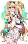  1girl alternate_hairstyle blonde_hair breasts elbow_gloves gloves highres large_breasts mythra_(xenoblade) skindentation solo thighs twintails twintails_day watermark xenoblade_chronicles_(series) xenoblade_chronicles_2 yagi_(kyuhyun) yellow_eyes 