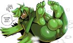 2021 alex_(carpetwurm) anthro anus balls barefoot big_balls big_penis blush bodily_fluids butt carpetwurm conditional_dnp dialogue feet foot_fetish fur genitals green_body green_fur hi_res huge_balls huge_penis humanoid_genitalia humanoid_penis hyper hyper_balls hyper_genitalia hyper_penis lagomorph leporid long_ears lying male mammal musk nude on_back open_mouth penis perineum presenting presenting_hindquarters rabbit signature simple_background solo sweat talking_to_viewer vein white_background 