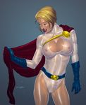  belt blonde_hair breasts cape cleavage cleavage_cutout closed_eyes dc_comics gloves large_breasts leotard lips lipstick makeup miravi nipple_piercing nipples no_bra no_panties piercing power_girl pussy see-through short_hair skin_tight solo wet wet_clothes 