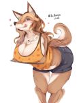  &lt;3 2018 anthro arm_support bent_over big_breasts blue_eyes blush bracelet breast_rest breasts brown_fur brown_hair bullseye_(artist) canine chest_tuft cleavage clothed clothing countershading ear_piercing female front_view fur hair hi_res jewelry leaning_on_elbow licking licking_lips long_hair looking_at_viewer mammal necklace nipple_bulge piercing shorts simple_background smile solo tongue tongue_out tuft white_background 