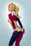  artist_name ass batman_(series) blonde_hair blue_eyes breasts dc_comics from_behind gloves harley_quinn long_sleeves looking_back miravi naughty_face nipples shirt_lift small_breasts solo source_request twintails undressing 