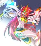  1girl absurdres breasts emerald_(gemstone) glowing glowing_eyes gradient gradient_background green_eyes highres ishiyumi long_hair looking_at_viewer looking_down mecha mecha_musume medium_breasts open_hands open_mouth red_hair science_fiction solo super_robot_wars super_robot_wars_original_generation valsione_r very_long_hair 
