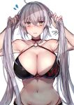  1girl adjusting_hair bikini black_bikini black_choker breasts choker cleavage eyebrows_visible_through_hair fate/grand_order fate_(series) grey_hair highres hitomin_(ksws7544) jeanne_d&#039;arc_(alter)_(fate) jeanne_d&#039;arc_(alter_swimsuit_berserker) jeanne_d&#039;arc_(fate)_(all) large_breasts long_hair looking_at_viewer o-ring o-ring_bikini standing sweatdrop swimsuit twintails watermark white_background yellow_eyes 