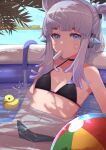  1girl 510ksk ando_yuge android armpits ball bare_shoulders beachball bikini black_bikini black_choker blue_eyes breasts choker commentary day dripping facial_mark folded_ponytail food halterneck highres hose long_hair looking_at_viewer mechanical_ears mouth_hold navel outdoors popsicle rubber_duck small_breasts solo stomach string_bikini sunlight swimsuit thick_eyebrows v_ap_art virtual_youtuber wading_pool water white_hair 