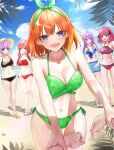  1boy 5girls absurdres alternate_hair_color bangs beach bikini bikini_skirt black_bikini blue_bikini blue_eyes blush breasts cleavage cloud clover_print collarbone crab crossed_bangs day eyebrows_visible_through_hair front-tie_bikini front-tie_top go-toubun_no_hanayome green_bikini green_hairband hair_between_eyes hair_ornament hair_ribbon hairband halter_top halterneck hat highres holding_another&#039;s_wrist lens_flare light_purple_hair long_hair looking_at_viewer medium_breasts medium_hair miniskirt multiple_girls nakano_ichika nakano_itsuki nakano_miku nakano_nino nakano_yotsuba navel ocean open_mouth orange_hair outdoors palm_tree pink_hair piyokuma ponytail pov pov_hands purple_bikini purple_hair red_bikini red_hair ribbon sand short_hair side-tie_bikini skirt sky slippers smile standing star_(symbol) star_hair_ornament stomach straw_hat striped striped_bikini sun_hat surprised swimsuit tree two_side_up v-shaped_eyebrows vertical-striped_bikini vertical_stripes 