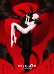  1boy 1girl absurdres ahoge apoloniodraws bleeding blood bloody_tears carrying claws closed_eyes closed_mouth contrast copyright_name crying crying_with_eyes_open demon_wings devilman devilman_(character) devilman_crybaby dripping film_grain floating fur gradient head_wings highres holding holding_another makimura_miki moon nude princess_carry red_moon red_theme short_hair signature smile tail talons tears wings yellow_eyes 