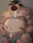  2021 3:4 anthro belly bodily_fluids brown_body brown_fur bulge canid canine canis clothing cum domestic_dog fur genital_fluids genitals hat headgear headwear hi_res humanoid_genitalia humanoid_hands humanoid_penis kemono male mammal moobs morningbread16 navel nipples overweight overweight_male penis pubes scar solo sweat tokyo_afterschool_summoners underwear video_games yasuyori 