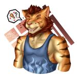  &lt;3 1:1 after_class anthro blush brown_hair chicken_meat dusk-mooncrest eyes_closed felid food hair happy lars_(after_class) male mammal meat muscular muscular_male nipples pantherine scar solo stripes tiger 