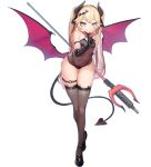  1girl animated bangs black_gloves black_legwear blinking blonde_hair blue_eyes blush bumcha demon_girl demon_horns demon_tail demon_wings elbow_gloves flat_chest full_body gloves horns last_origin legs leotard long_hair long_legs looking_at_viewer mary_janes mh-4_thetis navel official_art polearm see-through shoes skindentation smile solo tachi-e tail thigh_gap thighhighs thighs transparent_background trident twintails weapon wings 
