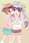  2girls antenna_hair artist_name blush_stickers bow brown_eyes cheek_kiss child closed_eyes collarbone commentary dated hair_bow heart highres hug kiss long_hair miyauchi_renge motion_lines multiple_girls non_non_biyori open_mouth purple_hair red_hair scrunchie shiori_(non_non_biyori) shirt short_hair shorts simple_background skirt socks surprised t-shirt twintails variangel yuri 