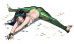  1girl bangs black_nails blunt_bangs full_body green_legwear green_nails gummy_bear gummy_worm han_juri hanny_(uirusu_chan) highres looking_at_viewer midriff open_mouth shadow smile solo split street_fighter street_fighter_v white_background 