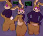  2020 anthro clothing costume dialogue english_text five_nights_at_freddy&#039;s five_nights_at_freddy&#039;s_vr:help_wanted freckles furry_wearing_fursuit fursuit glitchtrap lagomorph leporid littlegeecko long_ears looking_at_viewer male mammal pink_eyes rabbit scut_tail solo stitch_(sewing) talking_to_viewer tan_body text video_games watermark whiskers 