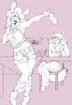  5_fingers alcohol anthro belt beverage biped blush boots bottomwear buckteeth canid canine canis charlotte_genevieve choker chubby_female clothed clothing cowboy_boots crop_top curled_hair cutoffs dancing denim denim_clothing digital_drawing_(artwork) digital_media_(artwork) domestic_dog drinking drunk dungeons_and_dragons duo english_text eyewear feet female figurines fingers fluffy fluffy_tail footwear frown fur furniture girly glasses hair happy hasbro hi_res humanoid_hands inside jeans jewelry lagomorph laugh leporid logo long_hair mammal mane midriff monochrome neck_tuft necklace nordic_sled_dog open_mouth pants paws profanity rabbit samoyed sandry_vallheim shirt shorts signature simple_background singing sitting skinny skinny_anthro slightly_chubby slim small_waist smile socks spectacles spitz standing substance_intoxication t-shirt table tabletop_game teeth text text_on_clothing text_on_shirt text_on_topwear thick_thighs toes topwear toy trans_(lore) tuft unamused wavy_hair wide_hips wizards_of_the_coast xyluc 