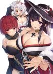  3girls :d azur_lane bangs bare_shoulders black_hair blush breasts choker cleavage collarbone cross detached_sleeves exe_(xe) eyebrows_visible_through_hair eyes_visible_through_hair fur_trim hair_between_eyes hair_ribbon hat iron_cross large_breasts long_hair looking_at_viewer looking_away mole multiple_girls official_art open_mouth outstretched_hand peter_strasser_(azur_lane) peter_strasser_(chronos&#039;s_kalendae)_(azur_lane) prinz_heinrich_(azur_lane) prinz_heinrich_(fireworks_and_tapestries)_(azur_lane) purple_eyes red_eyes red_hair ribbon short_hair sidelocks silver_hair simple_background smile weser_(azur_lane) weser_(obsidian_elegance)_(azur_lane) white_background 