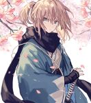  1girl arm_guards bangs black_scarf blonde_hair cherry_blossoms fate/grand_order fate_(series) from_side grey_eyes hair_between_eyes hand_up haori highres japanese_clothes katana kimono koha-ace long_sleeves looking_at_viewer looking_to_the_side messy_hair namiharuru obi okita_souji_(fate) okita_souji_(fate)_(all) open_clothes parted_lips ponytail sash scarf short_hair short_ponytail sidelocks solo standing sword tree_branch upper_body weapon white_kimono wide_sleeves 