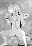  1boy 1girl bar_censor bikini bikini_bottom_removed bikini_top blush censored clenched_hands gloves greyscale hair_ornament hairpin hands_up hetero highres indie_virtual_youtuber long_hair mamerakkkkko mechanical_ears monochrome namahoshi-chan navel nude petite pussy sitting sitting_on_face sitting_on_person smile spread_legs squatting striped striped_bikini sweat sweatdrop swimsuit thighhighs 