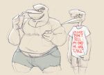  2020 annoyed anthro avian beak beard belly beverage big_belly bird bottomwear cellphone clothed clothing denim drinking duo english_text eyebrows facial_hair father father_and_child father_and_son hair hi_res holding_object hotpants humor looking_aside looking_down male mature_male monochrome overweight overweight_male parent parent_and_child pecs phone portrait shirt shorts sipping sketch smartphone son sosososleazy standing stork text thick_eyebrows three-quarter_portrait tight_clothing toony topwear torn_clothing wide_hips 