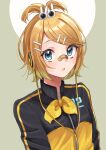  1girl :o absurdres bandaid bandaid_on_nose blonde_hair blue_eyes blush cable earphones hair_ornament hairclip highres huge_filesize jacket kagamine_rin looking_at_viewer project_diva_(series) rennrenn214 solo stylish_energy_(module) two-tone_jacket vocaloid yellow_jacket zipper 
