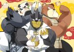  2021 anthro barazoku black_body black_fur blush brown_body brown_fur clothed clothing eating food fur group hi_res hyaku_(artist) kemono leaf legendary_pok&eacute;mon male mammal nintendo pangoro pok&eacute;mon pok&eacute;mon_(species) ursaring urshifu ursid video_games white_body white_fur 