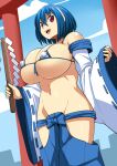  1girl bare_shoulders bikini blue_hair breasts covered_nipples detached_sleeves gohei headband highres japanese_clothes large_breasts micro_bikini miko navel open_mouth original red_eyes rouzille short_hair solo swimsuit wide_sleeves 