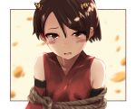  1girl alternate_costume bare_shoulders beans blush brown_eyes brown_hair detached_sleeves eyebrows_visible_through_hair highres horns kantai_collection oni_horns ponytail restrained rope shiki_no_miko shikinami_(kantai_collection) short_hair solo tears upper_body 