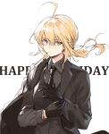  1girl absurdres adjusting_clothes adjusting_gloves ahoge aqua_eyes artoria_pendragon_(all) black_gloves clouble fate/zero fate_(series) formal gloves happy_birthday highres long_hair looking_at_viewer necktie saber solo suit type-moon white_background wind 