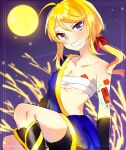  1girl ame_(module) asymmetrical_clothes bare_shoulders blonde_hair blue_eyes blush breast_tattoo breasts cleavage flower_tattoo full_moon grin hair_ribbon head_tilt kagamine_rin kawahara_chisato knees_up light_particles looking_at_viewer moon night night_sky open_clothes ponytail project_diva_(series) ribbon sarashi shoulder_tattoo sidelocks sitting sky small_breasts smile solo tattoo vocaloid 