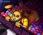  2020 ambiguous_gender animatronic anthro ball_pit blue_eyes blush bodily_fluids bow_tie drooling five_nights_at_freddy&#039;s hi_res into_the_pit lagomorph leporid littlegeecko long_ears long_tongue looking_at_another machine mammal offscreen_character rabbit robot saliva scut_tail solo spring_bonnie_(fnaf) tongue video_games watermark wiggle yellow_body 