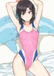  1girl black_hair breasts brown_eyes collarbone competition_swimsuit cowboy_shot dolphin highres idolmaster idolmaster_(classic) idolmaster_2 inflatable_dolphin inflatable_toy kikuchi_makoto looking_at_viewer lying one-piece_swimsuit pink_swimsuit short_hair simple_background small_breasts solo swimsuit tsurui white_background 