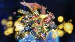  as&#039;maria bow dendou dragon_flare explosion floating gatling_boar gear_senshi_dendou glowing glowing_eyes green_eyes holding holding_bow mecha missile_pod no_humans official_art open_mouth planet science_fiction shoulder_cannon space super_robot 