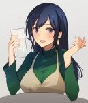  1girl :d apron blue_eyes blue_hair blush cup drinking_glass earrings eyebrows_visible_through_hair green_shirt grey_background hair_between_eyes holding holding_cup jewelry kantai_collection kasumi_(skchkko) long_hair long_sleeves official_alternate_costume open_mouth shirt simple_background smile solo souryuu_(kantai_collection) 