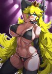  1girl :d absurdres aqua_eyes bikini black_bikini black_gloves black_legwear blonde_hair blush breasts cleavage cleft_of_venus covered_nipples crotchless_swimsuit crown dragra earrings elbow_gloves eyebrows_visible_through_hair gloves highres jewelry long_hair looking_at_viewer mario_(series) navel open_mouth pole princess_peach pussy smile solo swimsuit thighhighs very_long_hair 
