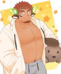  1boy animal_ears bangs bara bare_pecs belly brown_hair bulge casual cow_ears cowboy_shot dark_skin dark_skinned_male facial_hair fiery_horns forked_eyebrows glowing_horns goatee grey_pants highres hood hooded_jacket horns jacket looking_at_viewer male_focus muscular navel navel_hair official_alternate_costume open_clothes open_jacket pants pectorals plump short_hair smile solo stomach stuffed_animal stuffed_toy thick_eyebrows tokyo_houkago_summoners wakan_tanka yanutorie 