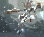  1girl android aqua_eyes armor bayonet bodysuit breasts commentary_request flying gun headgear highres hispol_(04-uma-alpha) holding holding_gun holding_weapon mecha_musume medium_hair missile_pod original rain rifle science_fiction small_breasts solo thrusters weapon white_hair wings 
