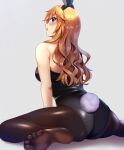  1girl animal_ears back bare_shoulders blonde_hair blue_eyes blush breasts bunny_ears bunny_tail eyebrows_visible_through_hair fake_animal_ears fake_tail idolmaster idolmaster_cinderella_girls long_hair looking_back no_shoes ootsuki_yui open_mouth pantyhose playboy_bunny simple_background sitting soles solo tail wariza z.nov 
