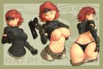  1girl abs ass belt belt_buckle black_headband black_panties blue_eyes breasts buckle bullet cleavage collage commentary deep_skin desert_eagle english_commentary gloves green_gloves gun handgun headband heart holding holding_gun holding_weapon jewelry justrube large_breasts lifted_by_self lips meryl_silverburgh metal_gear_(series) metal_gear_solid metal_gear_solid_4 military_operator navel nipples no_bra panties pants pants_pull pistol red_hair shirt shirt_lift short_hair shoulder_pads single_earring sneaking_suit solo t-shirt underwear undressing weapon 